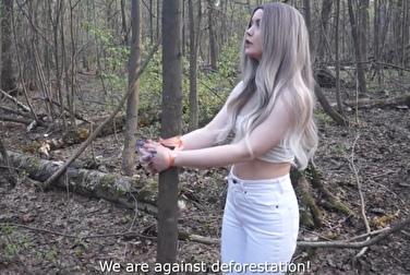 Sex in the woods is eco-friendly! You're tied up, so go ahead and suck it in public