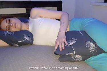 That's some fucked-up shit. She's fucking the pillow in her sleep! I wish she was fucking me