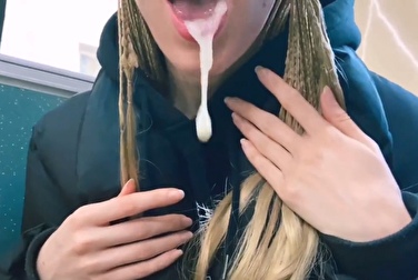 Peter student beauty sucks on the bus and takes cum in her mouth