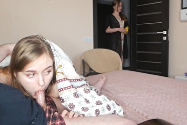 Mom walked into the room and almost caught her naked daughter with a dick in her mouth