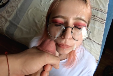 Shoved a bespectacled classmate in the mouth and got cum all over her face